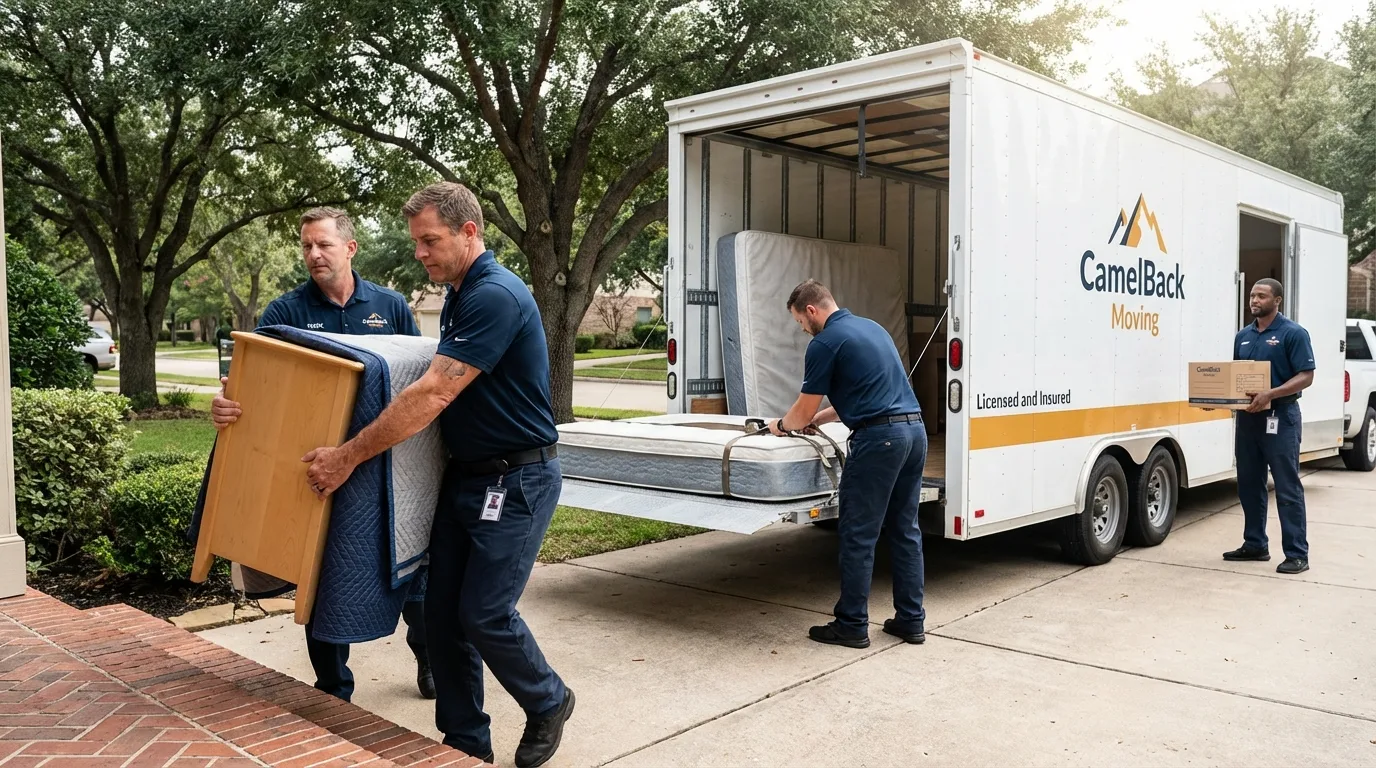 Crew loading residential truck for cross-state move from Maud, OK
