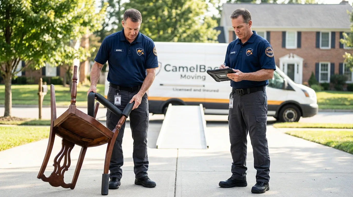 Movers inspecting furniture for damage prevention before loading in Maud, OK