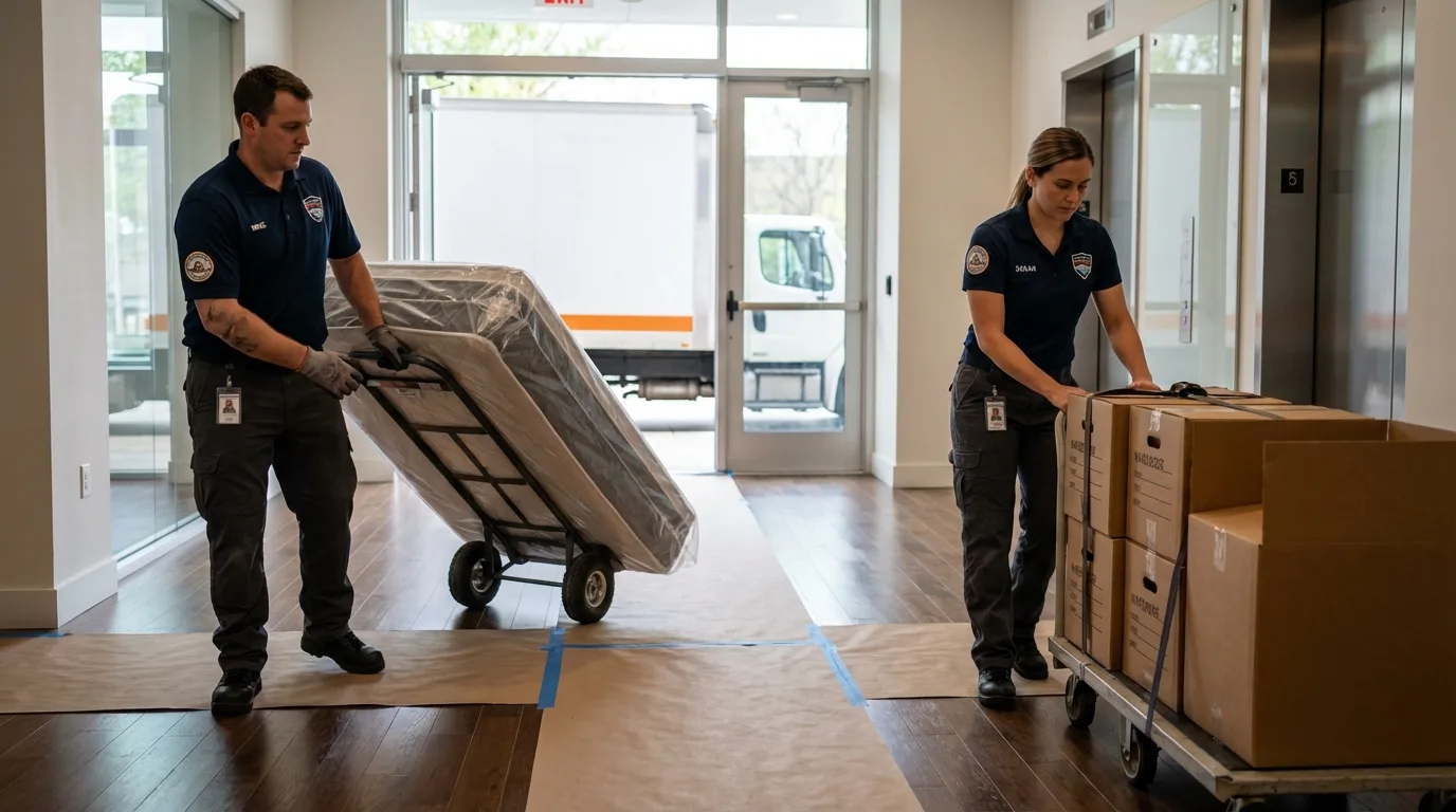 Professional apartment movers loading elevator in Maud, OK